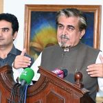 Caretaker Federal Minister for National Heritage and Culture Jamal Shah talking to the media at Aiwan-e-Iqbal, Complex