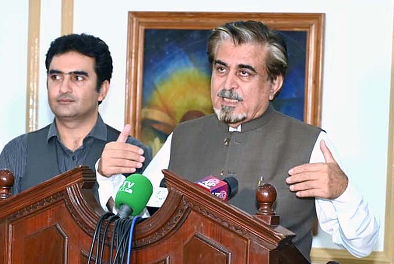 Caretaker Federal Minister for National Heritage and Culture Jamal Shah talking to the media at Aiwan-e-Iqbal, Complex