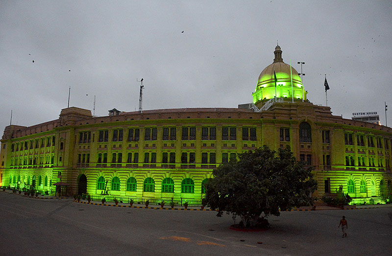 Karachi Port Trust (KPT) building is beautifully illuminated with lights on the occasion of Independence Day of Pakistan