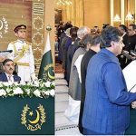 President Dr. Arif Alvi administering the oath of office to members of the caretaker Federal Cabinet, at Aiwan-e-Sadr