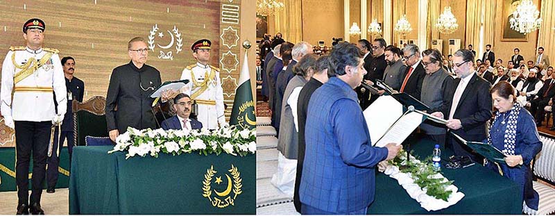 President Dr. Arif Alvi administering the oath of office to members of the caretaker Federal Cabinet, at Aiwan-e-Sadr
