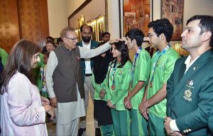 President Dr. Arif Alvi meeting with the members of Pakistan Special Olympics Team, who participated in Berlin Special Olympics, at Aiwan-e-Sadr