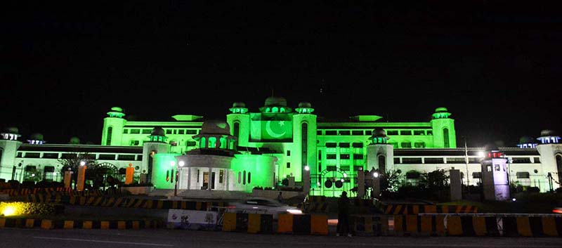 Prime Minister House is decorated with the lights in celebration of Independence Day