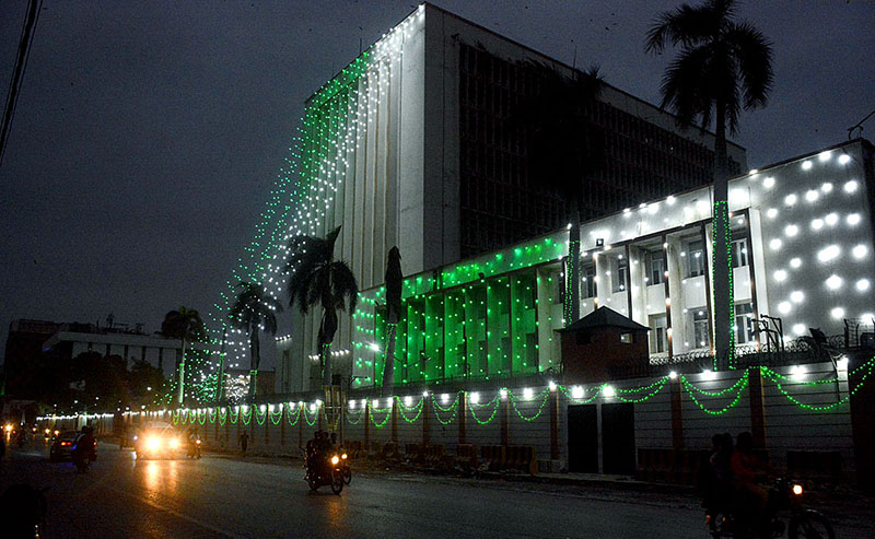 The State Bank of Pakistan (SBP) building is beautifully illuminated with lights on the occasion of Independence Day of Pakistan.