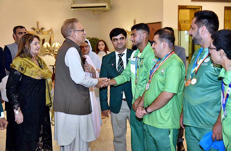 President Dr. Arif Alvi meeting with the members of Pakistan Special Olympics Team, who participated in Berlin Special Olympics, at Aiwan-e-Sadr