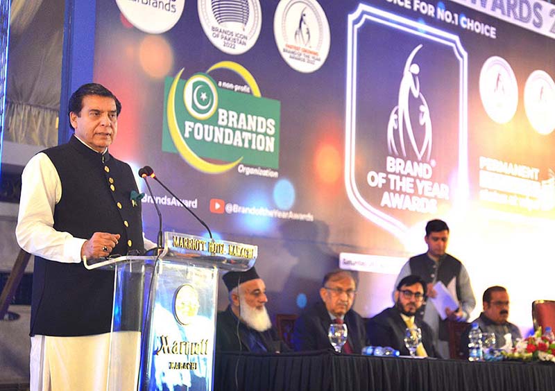 Raja Pervez Ashraf, Speaker National Assembly of Pakistan is addressing to the participants at Brands of the Year Awards Ceremony at Marriott Hotel