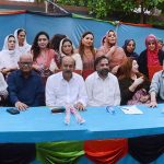 PPP Sindh President Senator Nisar Ahmed Khuhro along with PPP Sindh General Secretary Senator Waqar Mehdi with women workers from different parties, who have joined PPP, at People's Secretariat