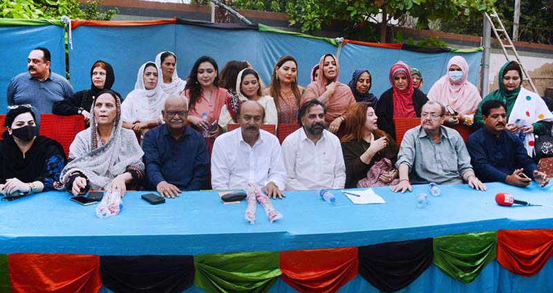 PPP Sindh President Senator Nisar Ahmed Khuhro along with PPP Sindh General Secretary Senator Waqar Mehdi with women workers from different parties, who have joined PPP, at People's Secretariat