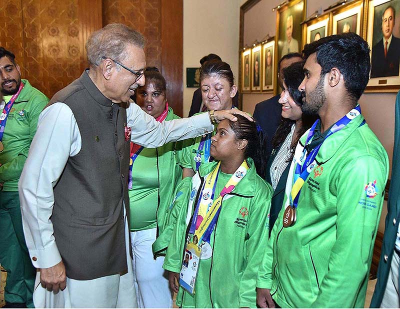 President Dr. Arif Alvi meeting with the members of Pakistan Special Olympics Team, who participated in Berlin Special Olympics, at Aiwan-e-Sadr