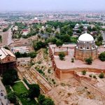 An attractive aerial view of the famous tombs of Hazrat Shah Rukn e Alam and Hazrat Bahauddin Zakariya, two famous Sufis from a few centuries ago. The beauty of these two tombs is outstanding with the signature Islamic blue tile architecture