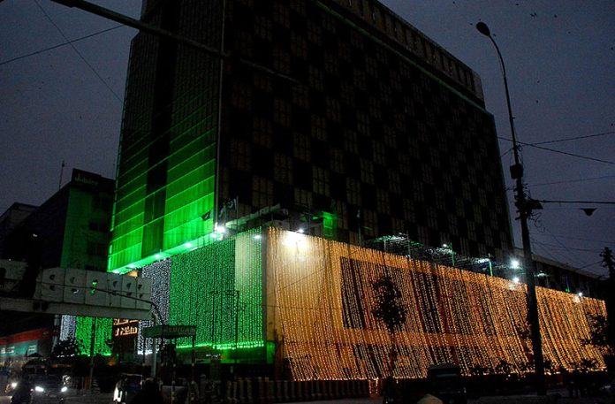 National Bank Of Pakistan building is beautifully illuminated with lights on the occasion of Independence Day of Pakistan