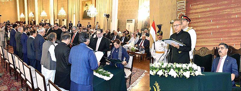 President Dr. Arif Alvi administering the oath of office to members of the caretaker Federal Cabinet, at Aiwan-e-Sadr