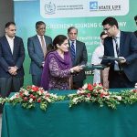 Director General, Directorate of Electronic Media Publications Ms. Samina Farzin and Divisional Head of State Life Insurance Corporation Mr. Muhammad Ashar signing MoU for provision of health insurance to artists and technicians associated with Pakistan's film industry. Prime Minister Shehbaz Sharif and Information Minister Ms Marriyum Aurangzeb witnessing the ceremony