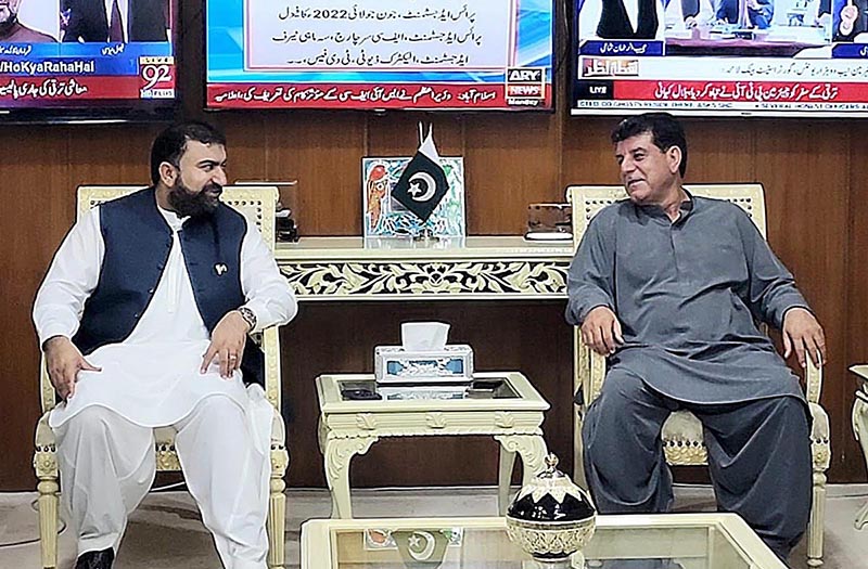 Caretaker Federal Minister for Interior, Sarfraz Ahmad Bugti in a meeting with Abdul Kareem Khan Khetran who called on him
