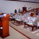 Caretaker Prime Minister Anwaar-ul-Haq Kakar addressing the debriefing session of Pakistan Navy's War Game "Shamsheer-e-Bahar IX"