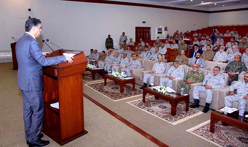 Caretaker Prime Minister Anwaar-ul-Haq Kakar addressing the debriefing session of Pakistan Navy's War Game "Shamsheer-e-Bahar IX"
