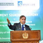 Prime Minister Muhammad Shehbaz Sharif addressing the agreement signing ceremony for the provision of health insurance to working journalists and media workers associated with national media houses and artists and technicians associated with Pakistan's film industry