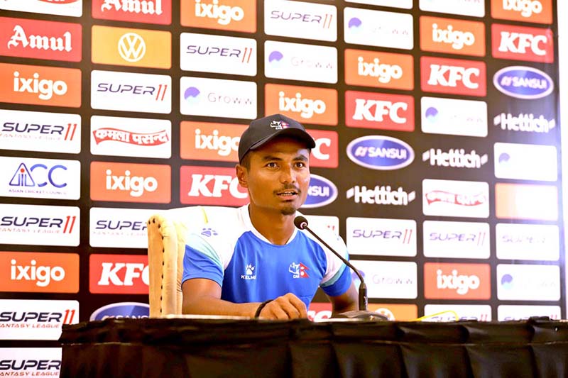 Nepal Cricket Team captain Rohit Paudel talking to media persons before practice sessions ahead of the first cricket match of Asia Cup 2023 at Multan Cricket Stadium