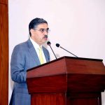Caretaker Prime Minister Anwaar-ul-Haq Kakar addressing the debriefing session of Pakistan Navy's War Game "Shamsheer-e-Bahar IX"