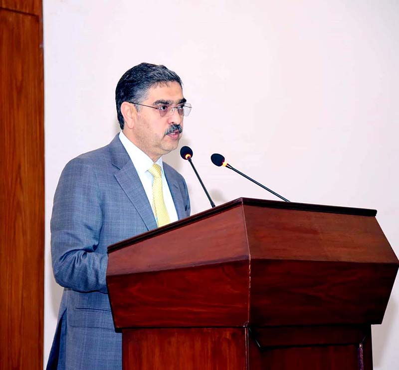 Caretaker Prime Minister Anwaar-ul-Haq Kakar addressing the debriefing session of Pakistan Navy's War Game "Shamsheer-e-Bahar IX"