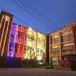 An illuminated view of district Secretariat Shahbaz building decorated with colorful lights in preparations to celebrate Independence Day in befitting manners