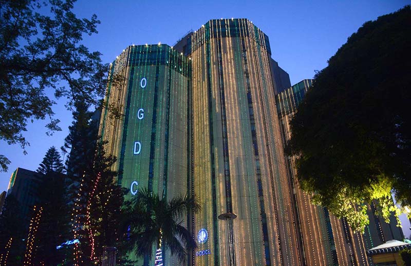 OGDCL building is decorated with the lights in celebration of Independence Day