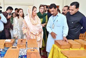 First Lady Begum Samina Alvi viewing the handiwork of artisans during her visit to TEVTA Vocational Training Institute