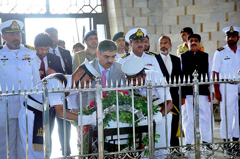 Caretaker Prime Minister Anwaar-ul-Haq Kakar laying floral wreath at the Mausoleum of Father of the Nation, Quaid-e-Azam Muhammad Ali Jinnah