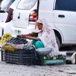 An elder woman selling fruit at his roadside setup