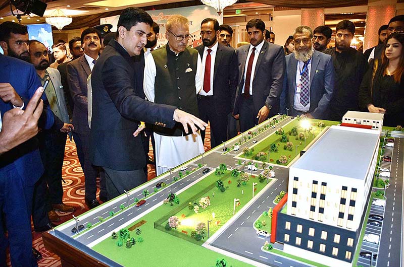 President Dr. Arif Alvi in inspecting the Sarwar Shahida Memorial Cardic and Research Institute building structure Map after ground breaking ceremony of the Sarwar Shahida Memorial Cardiac & Research Institute