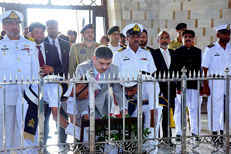 Caretaker Prime Minister Anwaar-ul-Haq Kakar laying floral wreath at the Mausoleum of Father of the Nation, Quaid-e-Azam Muhammad Ali Jinnah