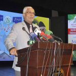 Caretaker Adviser to the Prime Minister on Aviation. Air Marshal (R) Farhat Hussain Malik addressing during interfaith harmony conference at PNCA