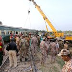 The recuse officials are busy in rescue operation at the site where 10 bogies of the Hazara Express derailed near Sarhari Railway Station, at least 15 passengers have lost their lives and over 50 have been injured, including women and children