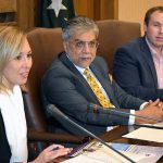 British Private Sector Development Team Leader, Anna Gibson, VP Chamber of Commerce, Amir Majeed Sheikh are addressing exporters at SCCI