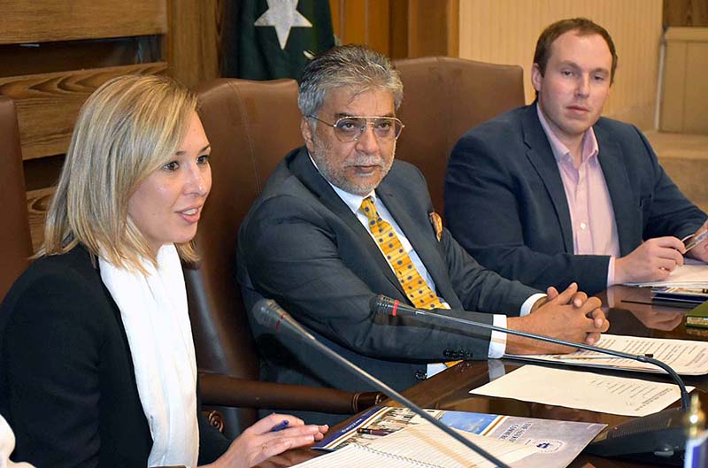 British Private Sector Development Team Leader, Anna Gibson, VP Chamber of Commerce, Amir Majeed Sheikh are addressing exporters at SCCI