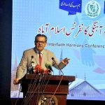 Caretaker Federal Minister for Religious Affairs Aneeq Ahmed addressing during interfaith harmony conference at PNCA