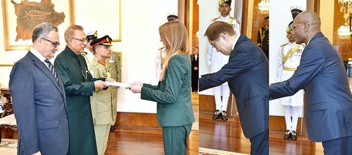 The United Kingdom's High Commissioner-designate to Pakistan Ms Jane Marriot, the Ambassador-designate of the Republic of Korea Mr. Park ki Jun, and the high Commissioner-designate of Malawi Mr Younos Abdul Karim, presenting their diplomatic credentials to President Dr. Arif Alvi at Aiwan-e-Sadr