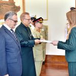 The United Kingdom's High Commissioner-designate to Pakistan, Ms Jane Marriot presenting her Diplomatic credentials to President Dr. Arif Alvi at Aiwan-e-Sadr