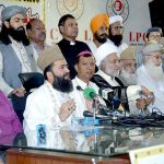 Maulana Abdul Khabir Azad, Archbishop Sebastian, Bishop Azad Marshal addressing a press conference on Jardanwala issue under the auspices of Majlis Ulema Pakistan at Press Club