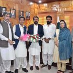 Deputy Speaker Gilgit-Baltistan Assembly Sadia Danish and Minister Finance Gilgit-Baltistan Engineer Ismail giving away flower bouquet to the newly elected member of GB Assembly Jamil Ahmad at Assembly Secretariat