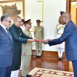 The High Commissioner-designate of Malawi to Pakistan, Mr Younos Abdul Karim, presenting his diplomatic credentials to President Dr. Arif Alvi at Aiwan-e-Sadr