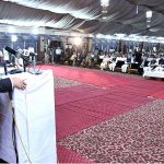 Caretaker Prime Minister Anwaar-ul-Haq Kakar addresses a congregation arranged in support of the Christian community members who were affected by mob violence in Tehsil Jaranwala