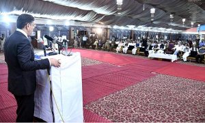 Caretaker Prime Minister Anwaar-ul-Haq Kakar addresses a congregation arranged in support of the Christian community members who were affected by mob violence in Tehsil Jaranwala