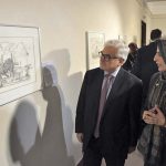 German Ambassador Alfred Grannas visits the displayed artwork of Ute’s during a book launching ceremony on Landmarks of Pakistan Drawings by Ute Elpers German porcelain painter compiled by Shahid Kamal/Folker Falsse/ Farrah Mahmood at PNCA