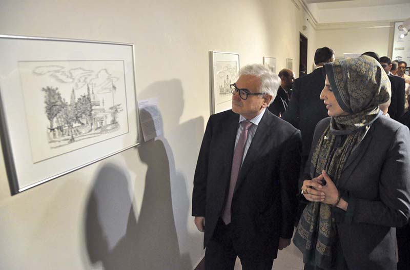German Ambassador Alfred Grannas visits the displayed artwork of Ute’s during a book launching ceremony on Landmarks of Pakistan Drawings by Ute Elpers German porcelain painter compiled by Shahid Kamal/Folker Falsse/ Farrah Mahmood at PNCA