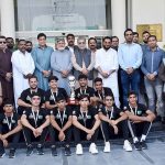 A group photo of the players of the football team, which won the second position in the Norway Football Cup Tournament, along with Vice President Chamber of Commerce Amir Majid Sheikh
