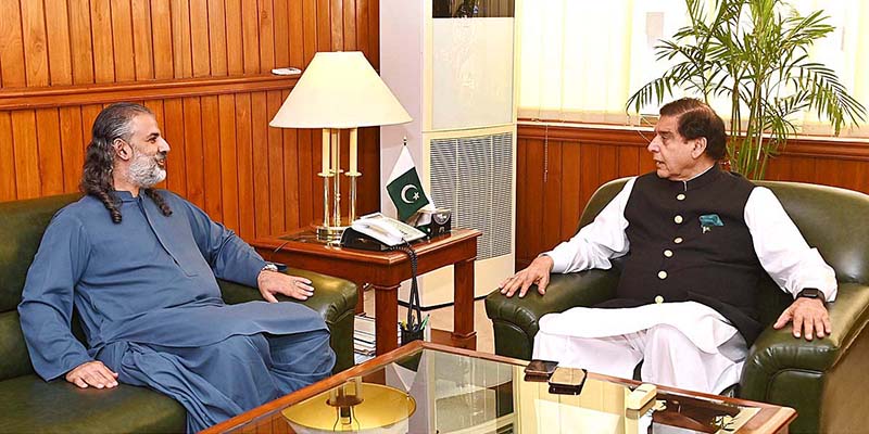 Speaker National Assembly Raja Pervez Ashraf in a meeting with Federal Minister for Narcotics Control Nawabzada Shazain Bugti at Parliament House