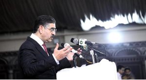 Caretaker Prime Minister Anwaar-ul-Haq Kakar addresses a congregation arranged in support of the Christian community members who were affected by mob violence in Tehsil Jaranwala