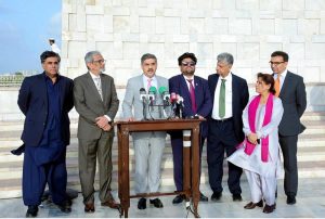 Caretaker Prime Minister Anwaar-ul-Haq Kakar giving remarks after laying a floral wreath at the Mausoleum of Quaid e Azam Muhammad Ali Jinnah, Governor and Chief Minister Sindh as well as Federal Ministers for Information, Finance, and Commerce are also present