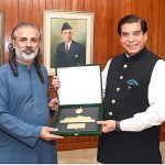 Speaker National Assembly Raja Pervez Ashraf presenting souvenir to Federal Minister for Narcotics Control Nawabzada Shazain Bugti at Parliament House